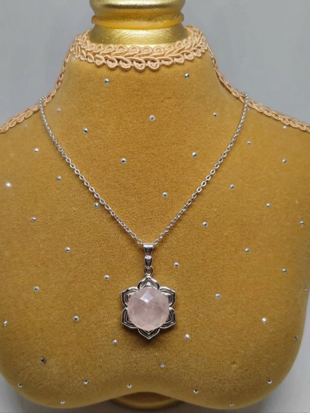 Flower Rose Quartz Gemstone in Stainless Steel